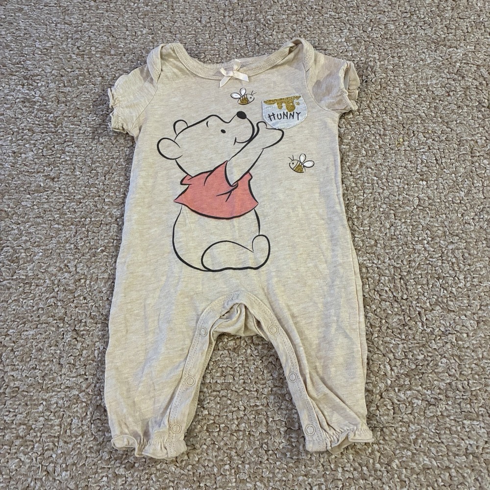 Disney Baby Winnie The Pooh Romper 0 3 Months Yellow Ruffle Hunny Graphic Bow